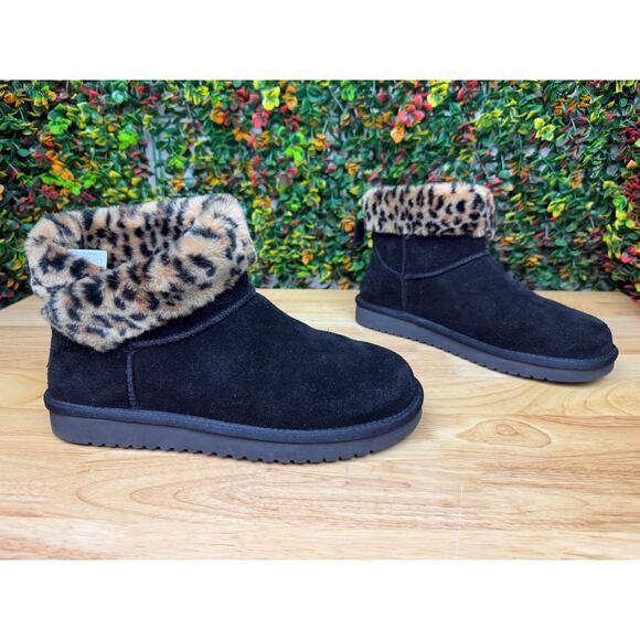 UGG Koolaburra Aribel Short Folding‎ Boots Leopard Animal Print Black Womens 10 - Picture 4 of 11